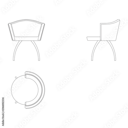 Minimalist chair technical drawing showing side front and top view for interior architecture design project file.