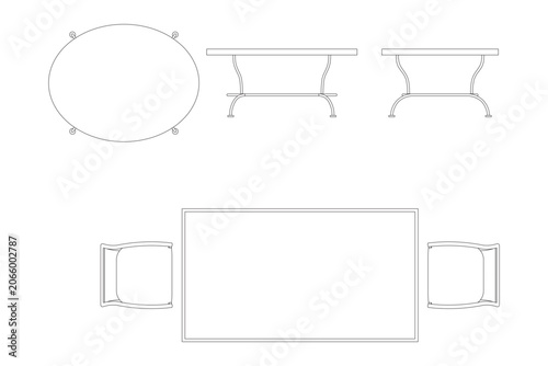 Elegant dining table furniture set blueprint with oval top and side views for professional interior architectural.