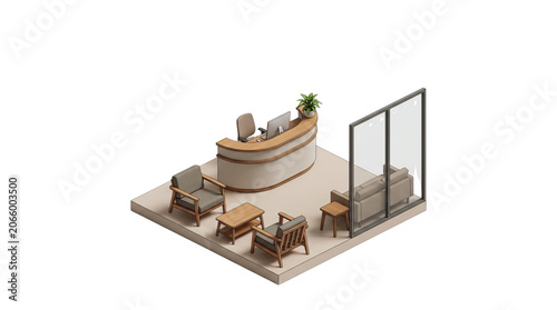 Modern reception area with seating and desk isometric view.