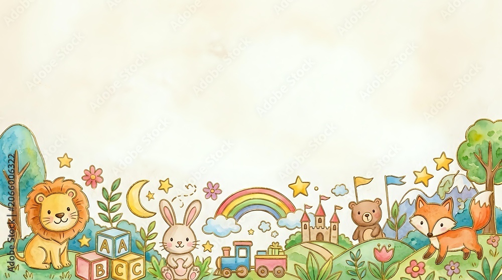 Fototapeta premium Children's nursery border with lion, rabbit, fox, owl, rainbow, castle, blocks, moon, stars, and colorful plants on cream background. Suitable for wallpaper, fabric, and educational materials.