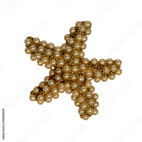 Isolated Starfish shape gold pin brooch decorated with small pearls jewelry