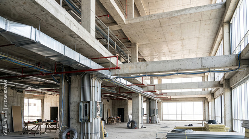 Commercial construction interior with exposed MEP systems and electrical wiring under development