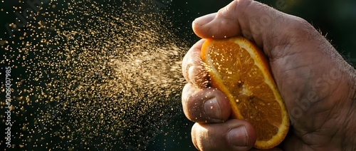 Closeup of hand squeezing fresh orange slice with juice spray against dark background, citrus fruit freshness and natural vitamin C source for healthy lifestyle and food photography.