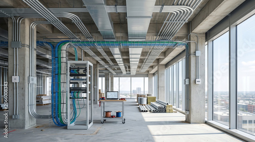 Unfinished commercial building interior with exposed smart infrastructure and construction tools