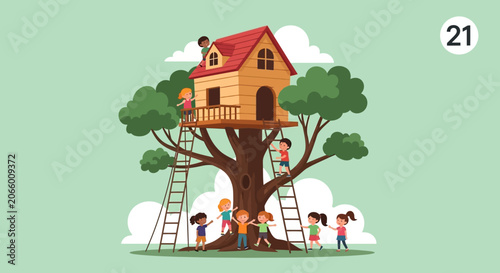 Happy Children Playing in a Wooden Treehouse Illustration