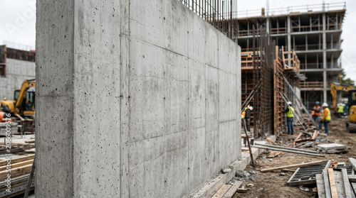 Construction site with unfinished concrete wall and workers