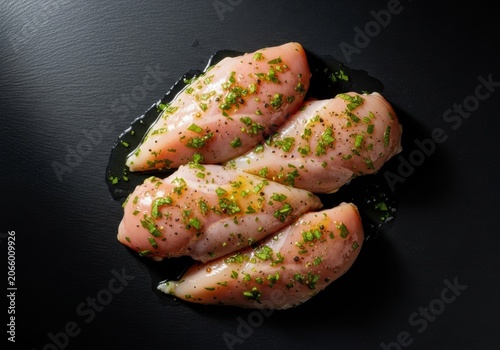 Raw chicken breast fillets marinated in savory herbs and oil, presented in premium culinary lighting for gourmet cooking and grill recipes, lighting, barbecue, poultry