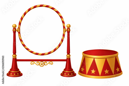 Red and gold circus hoop and performer pedestal