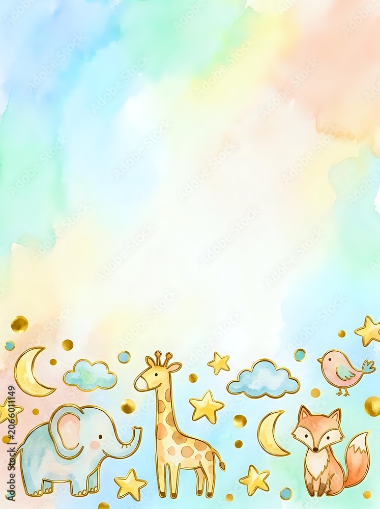 Fototapeta premium Cute Cartoon Animals Illustration with Elephant Giraffe Fox and Birds at Night Sky