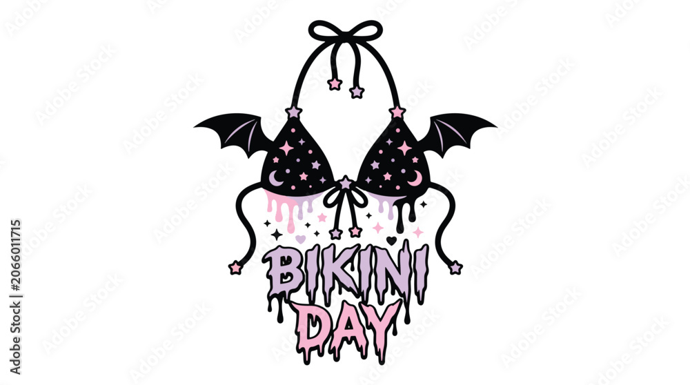 Fototapeta premium A vampire themed bikini with bat wings and dripping blood letters reads it is bikini day