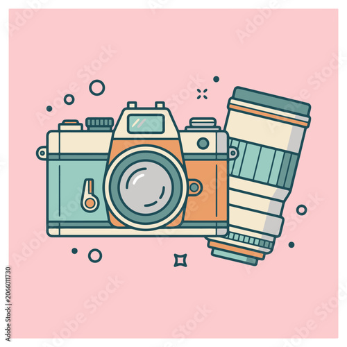 Fotografía Retro camera and zoom lens flat vector art on pink background