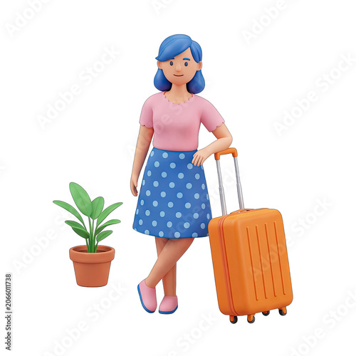 3D Cartoon Woman with Blue Hair and Orange Suitcase Ready for Travel