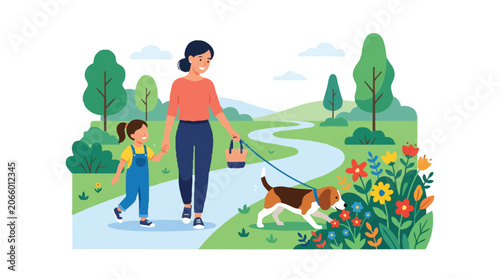 Mother and Daughter Walking Beagle Dog in Park Vector Illustration. Family Leisure Activity Outdoors.