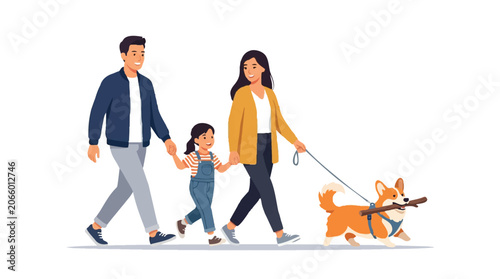 Happy Family Walking with Corgi Dog Vector Illustration. Father, Mother, and Daughter Strolling with Pet on Leash Isolated on White.