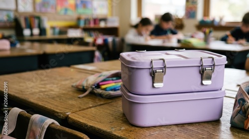 Purple Lunchbox on School Desk in Classroom Setting.