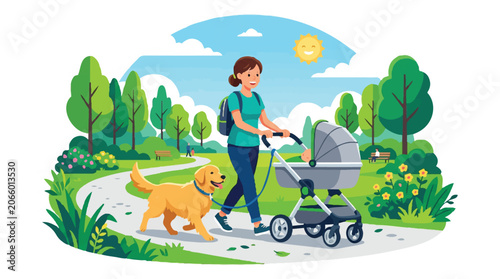Mother Walking Dog and Pushing Baby Stroller in Sunny Park Vector Illustration
