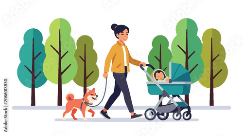 Flat Illustration of Mother Walking Baby in Stroller and Dog in Park