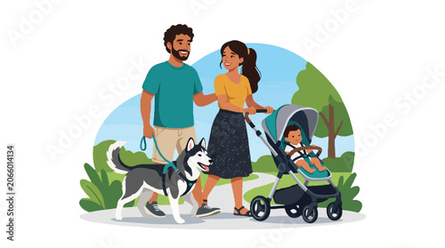 Happy family walking with baby stroller and husky dog in a sunny park illustration