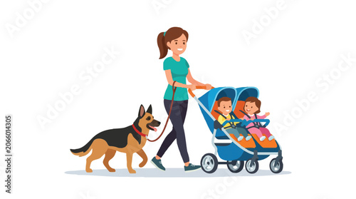 Mother Walking with Twins in Double Stroller and German Shepherd Dog Vector Illustration