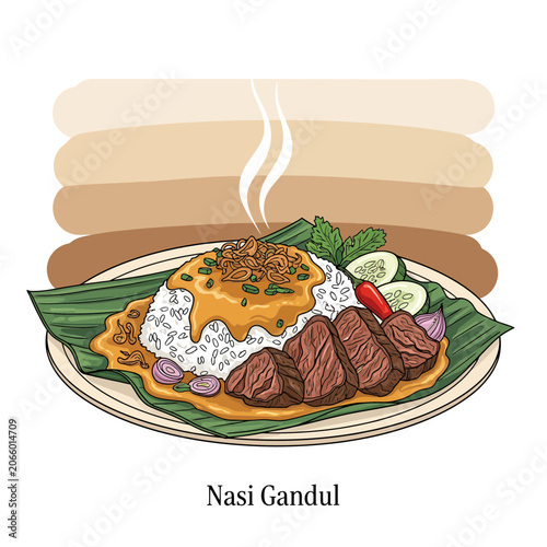 Nasi Gandul, Authentic Indonesian traditional rice dish featuring savory slow-cooked beef, fragrant spices, and a rich, creamy curry sauce, served on a banana leaf