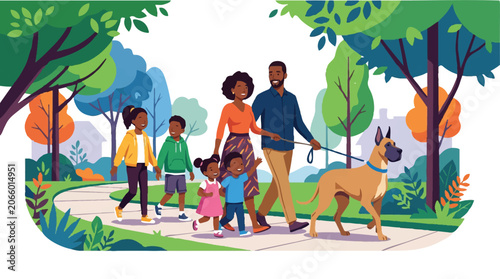 Happy African American Family with Children Walking Large Dog in Park, Flat Vector Illustration of Outdoor Activity and Healthy Lifestyle