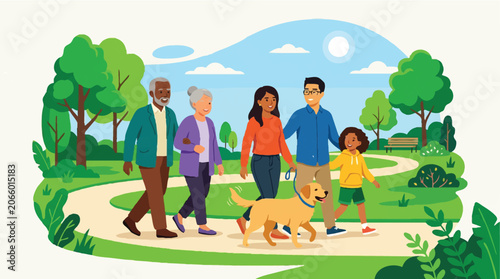 Diverse Multigenerational Family Walking Dog in Sunny Park Flat Illustration