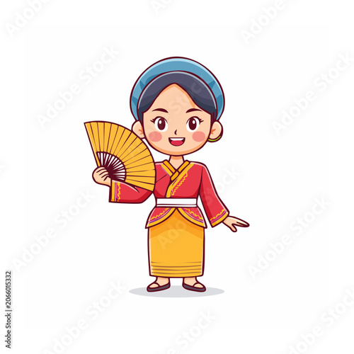 Cartoon woman in traditional Asian dress holding a fan