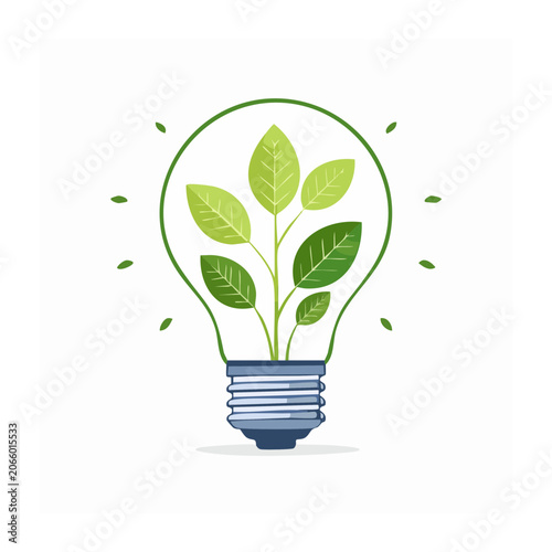Green light bulb with plant growing inside, symbolizing ecology and