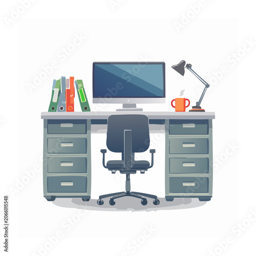 Modern office desk with computer, chair, and lamp
