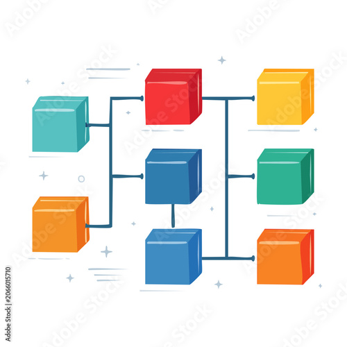 Abstract network of colorful cubes connected by lines