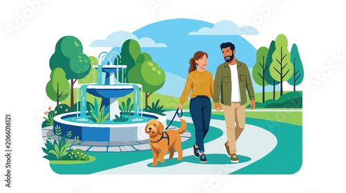 Happy Couple Walking Dog in Sunny City Park with Water Fountain Vector Illustration