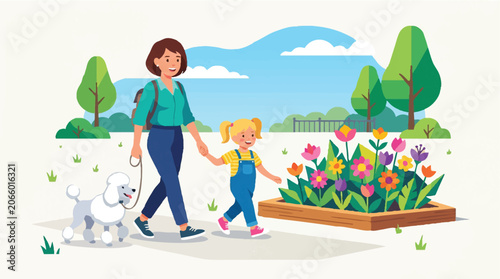 Mother and Daughter Walking White Poodle in Sunny Public Park Vector Illustration
