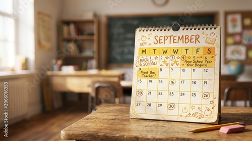 September calendar on wooden desk in classroom setting.