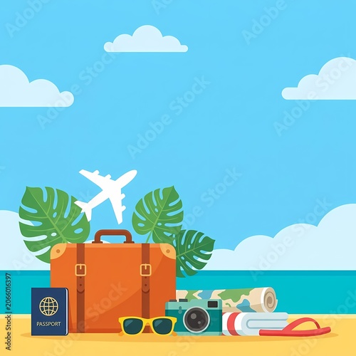 Summer travel holiday cartoon background with suitcase, camera, and tropical leaves on beach