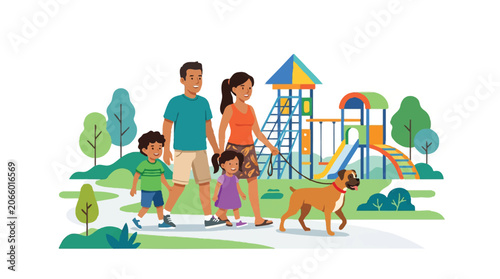 Family with Children and Dog Walking in Public Park Near Playground Vector Illustration