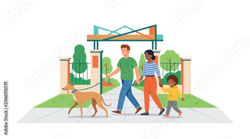 Diverse Family with Child and Dog Walking in Public Park Entrance Flat Vector Illustration