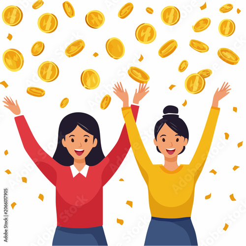 Two Women Celebrating with Falling Gold Coins and Confetti
