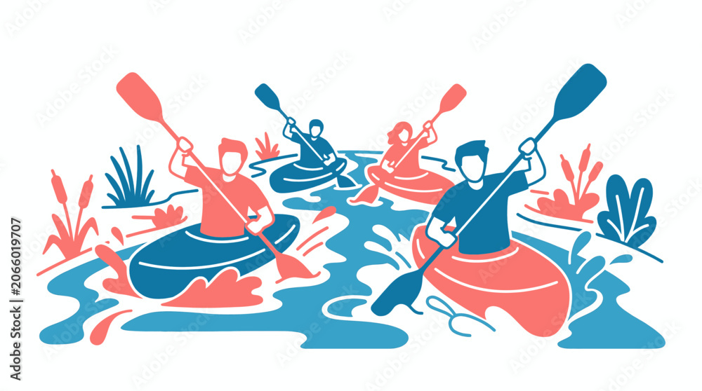 Fototapeta premium Active People Kayaking on River Rapids Fun Activity