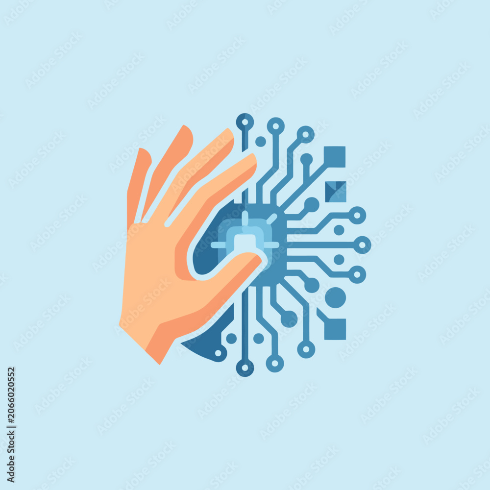 Fototapeta premium A human hand interacts with a digital circuit board design