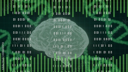 3D Brain with Glowing DNA Helix, Green Biotechnology Concept 
