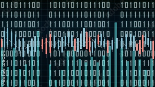 Abstract representation of financial data and technology, featuring binary code and a candlestick chart for trading analysis