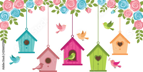 Konstfotografi Hanging Birdhouse Vector Illustration Set with Cute Birds Flying Around Colorful