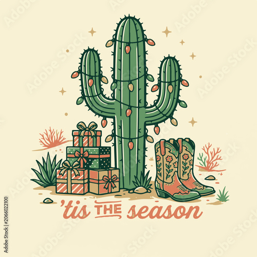 Rustic Christmas Season Greeting with Festive Cactus Gifts and Cowboy Boots