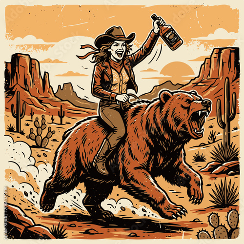Adventurous Cowgirl Galloping on Roaring Grizzly Bear in Desert Holding Whiskey Bottle for a Wild Ride