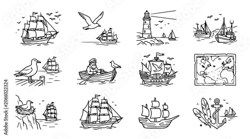 Foto Nautical Vintage Icons: Ships, Lighthouse, Map, Anchor, Sailor, Seagull - Line A
