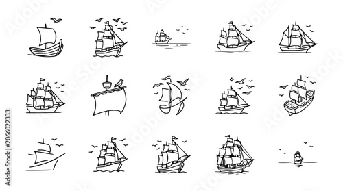 Tableau sur toile Vintage Sailing Ships Collection: Nautical Line Art Illustrations