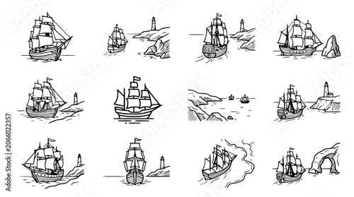 Tableau sur toile Vintage Sailing Ships and Lighthouses Collection
