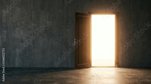 Single open door with bright light beyond, opportunity concept, minimalist advertising image, large copy space