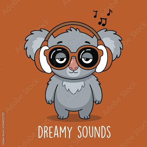 Photography Cartoon Koala Wearing Headphones Glasses.