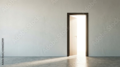 Single open door with bright light beyond, opportunity concept, minimalist advertising image, large copy space